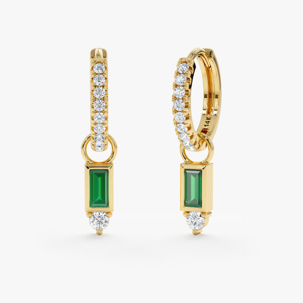 Pair of Handmade solid 14k gold baguette cut emerald huggie charms with natural diamond