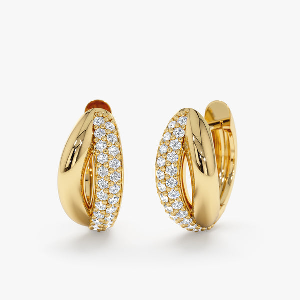 Pair of handcrafted earring huggies with double lined diamonds in 14k solid gold. 