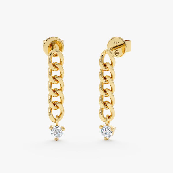 Pair of solid 14k gold cuban chain drop down stud earrings with single 3 prong set natural diamond 