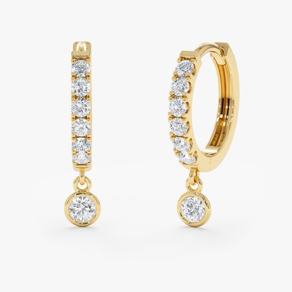 Handmade pair of solid 14k gold diamond lined hoop huggie earrings