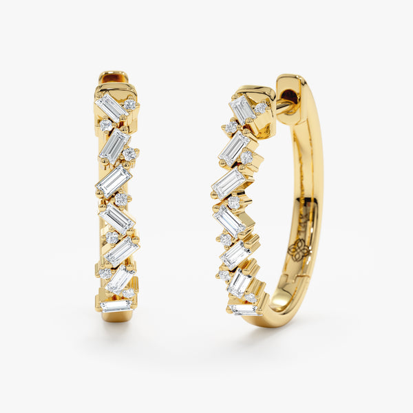 Pair of solid 14k gold stacked baguette diamond earring hoops