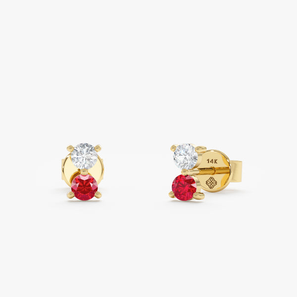 Handmade pair of solid 14k gold stud earrings with single ruby and single diamond 