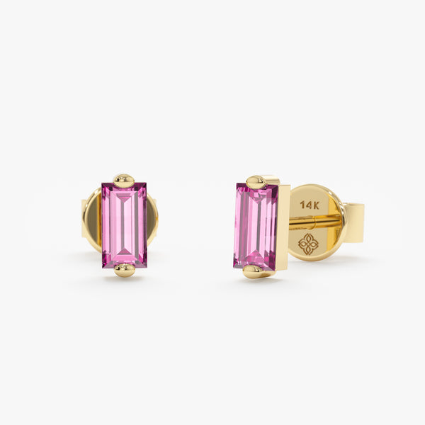 handmade pair of solid 14k gold pink sapphire baguette stud earrings