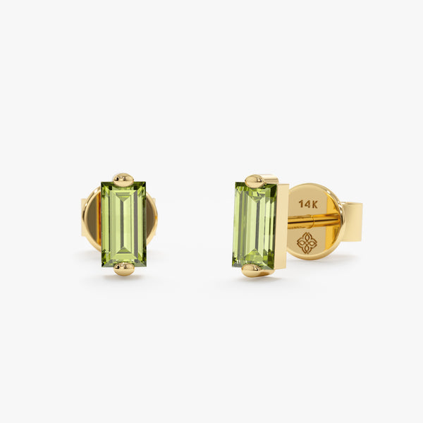 handmade pair of solid 14k gold baguette peridot stud earrings