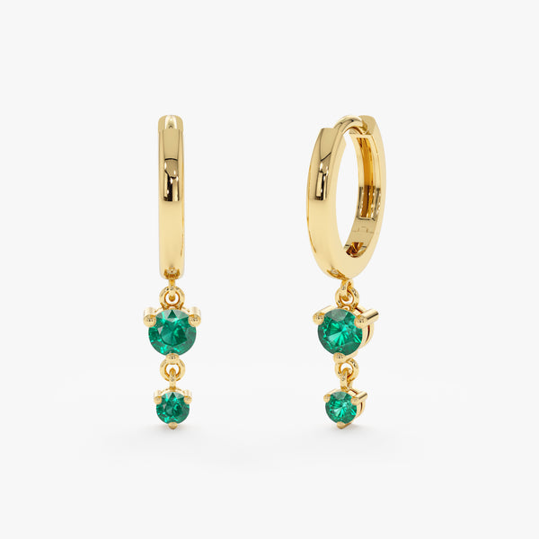 Pair of solid 14k gold huggies with two emerald drop stonmes
