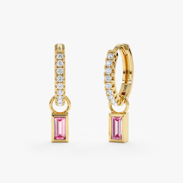 Handmade pair of pink sapphire charms for huggies in solid 14k gold