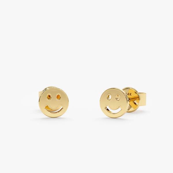 Handmade pair of solid 14k gold smiley face earring studs