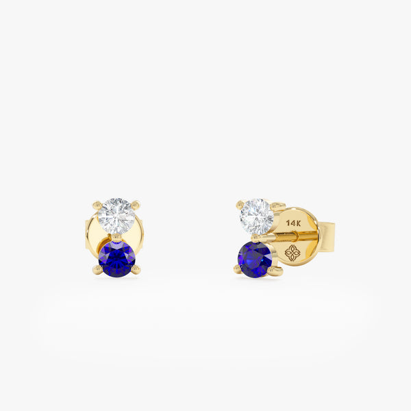 Pair of solid 14k gold double stone earring studs with single blue sapphire and diamond