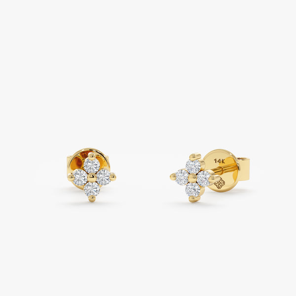 handmade solid 14k yellow gold four diamond clover earring studs