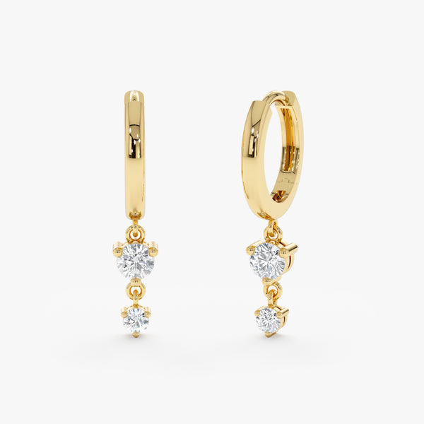 Pair of handmade solid 14k gold double diamond drop ear huggies