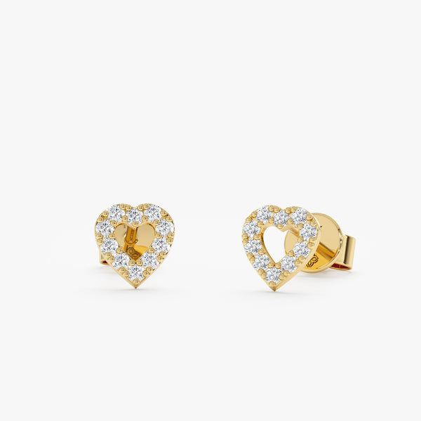 Handmade pair of solid 14k yellow gold heart outline with diamond stud earrings