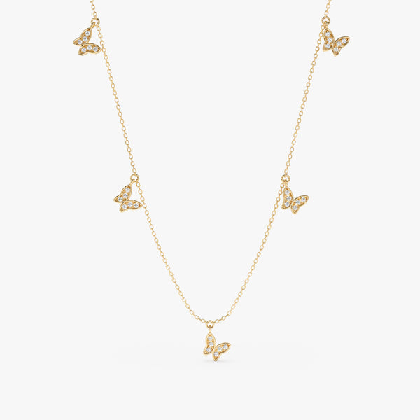 handcrafted solid gold necklace with hanging diamond butterfly charms