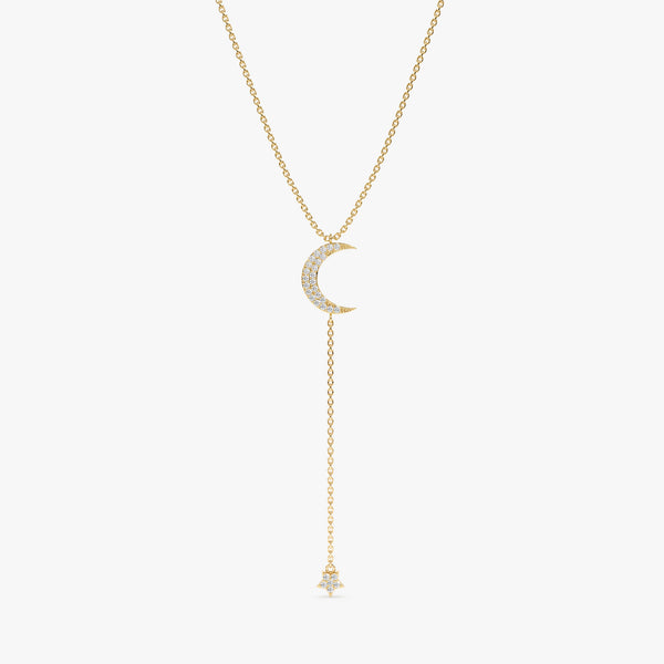 handmade solid gold lariat necklace with moon and dropping star