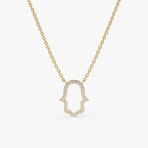 handmade solid gold hamsa hand outline with lined diamonds necklace