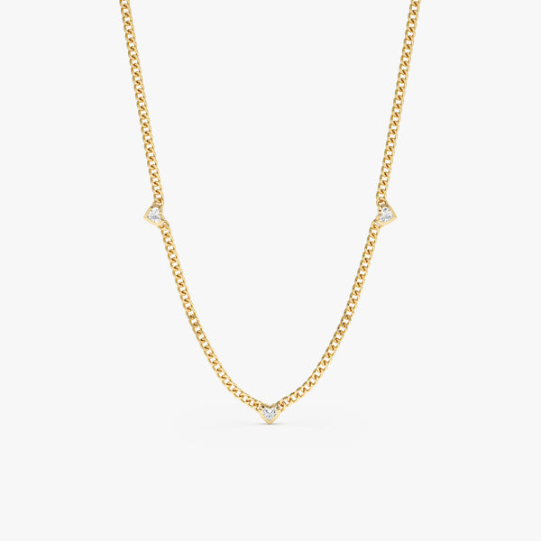 thin handmade cuban chain necklace with three station heart diamonds