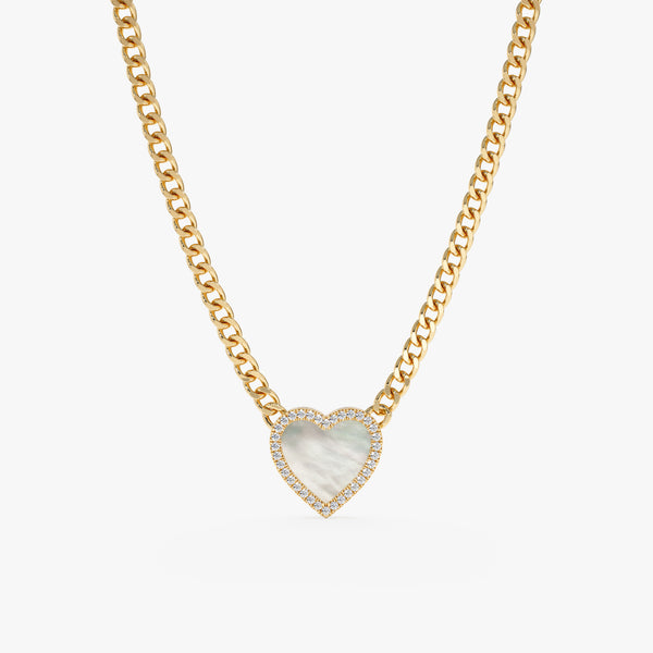 handmade solid 14k gold cuban chain necklace with heart pearl pendant in lined diamonds
