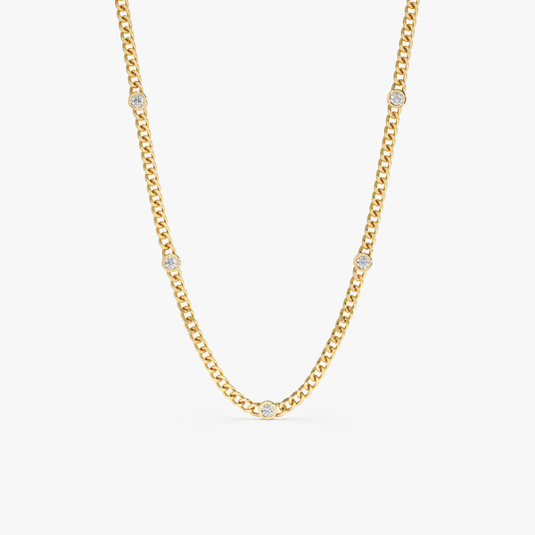 handmade solid 14k gold multiple diamond bezel cuban chain necklace