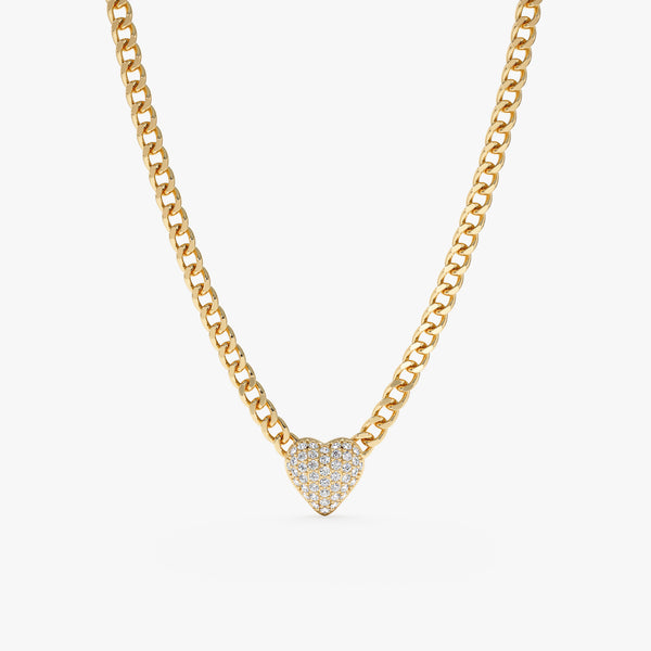 handmade solid gold cuban chain necklace with paved puffer pendant