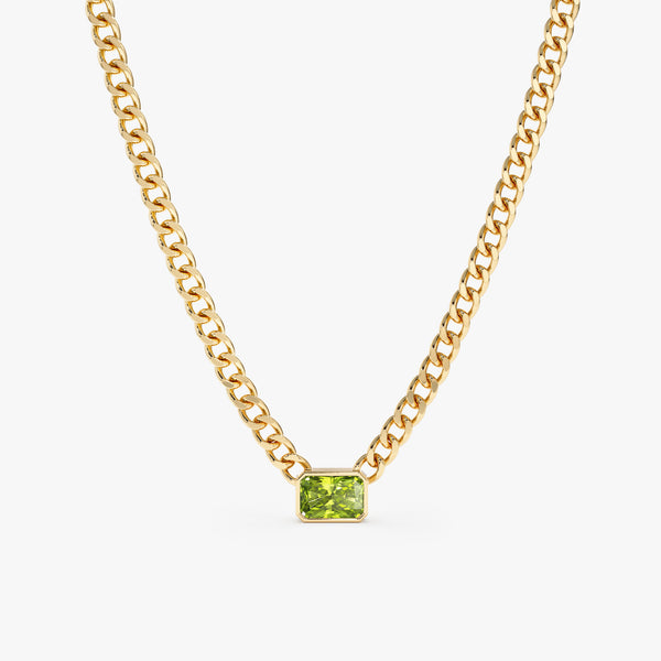 handmade solid gold cuban chain necklace with octagon cut peridot stone