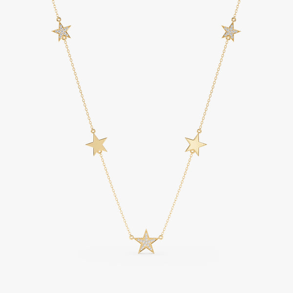 14k yellow gold diamond star station necklace