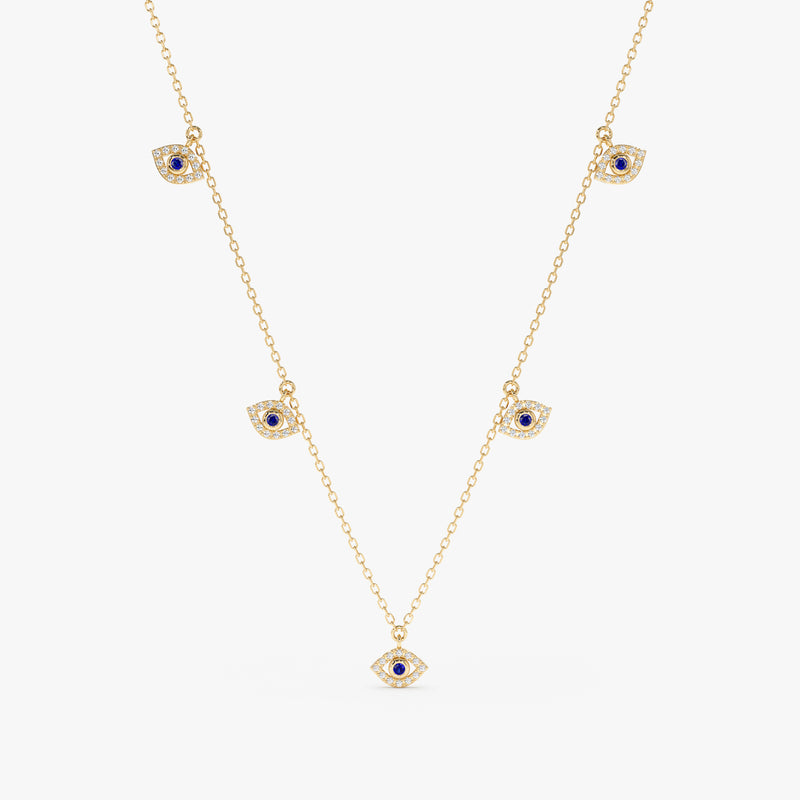 handcrafted solid 14k gold multiple hanging eye charm necklace in natural diamonds and blue sapphire