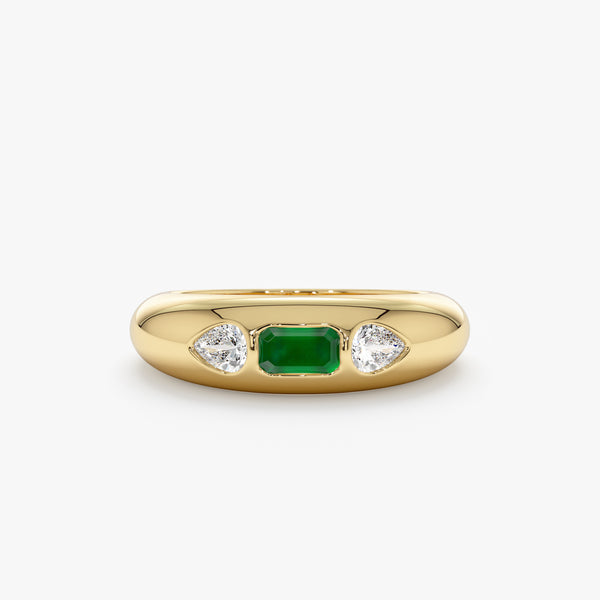 Emerald Cut Emerald and Pear Shape Diamond Signet Band