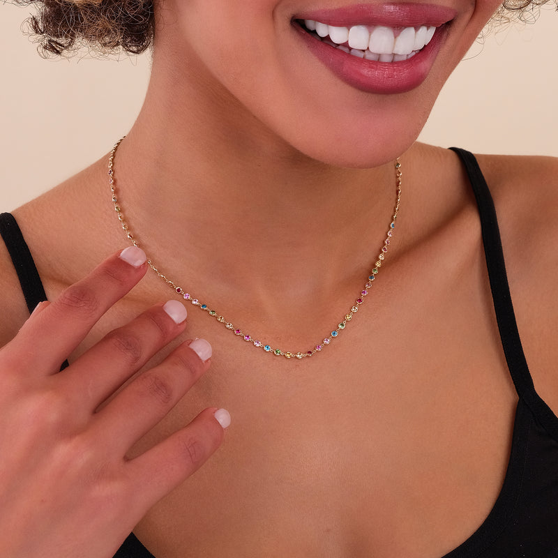 dainty solid gold natural rainbow sapphire necklace