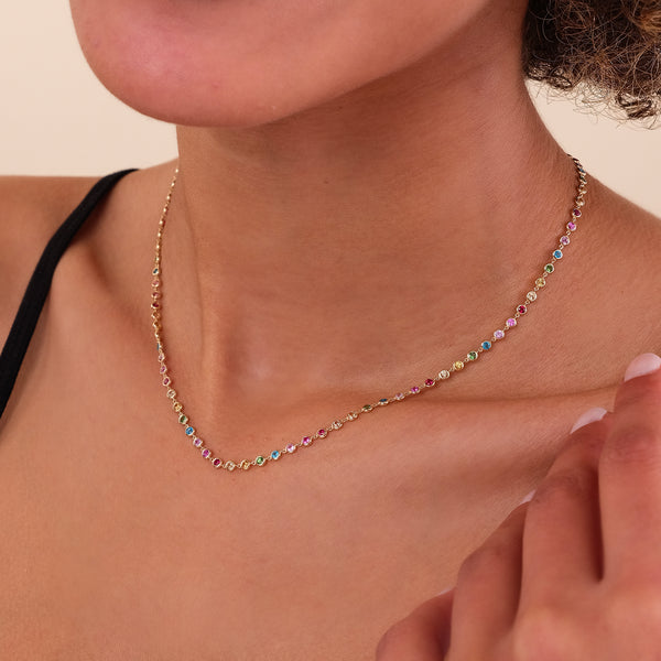 handmade solid 14k gold tennis necklace with rainbow sapphires
