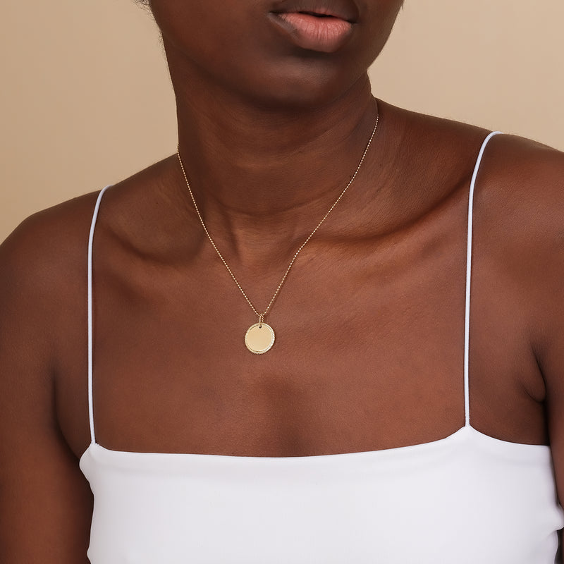 personalized minimalist disc necklace in solid gold with ball chain