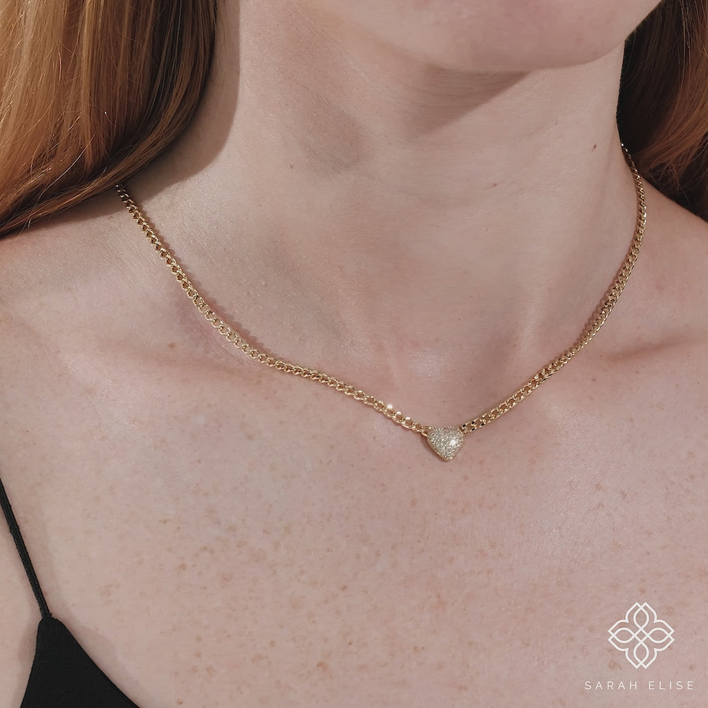 minimalist cuban chain necklace with diamond paved puffer pendant in solid gold