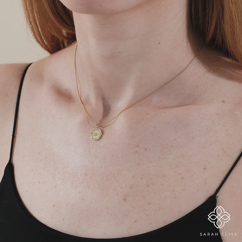 dainty solid gold eye pendant with ball chain for her
