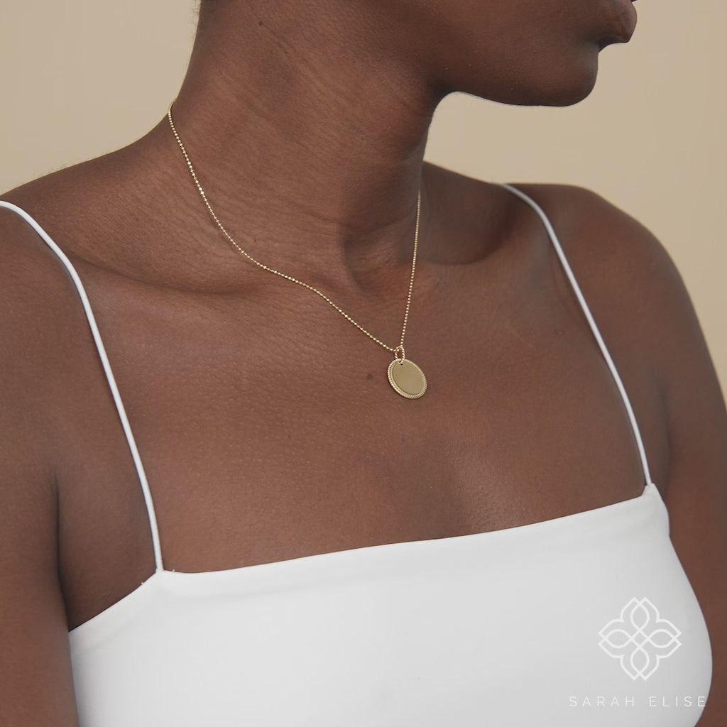 dainty solid gold ball chain necklace with personalized disc pendant