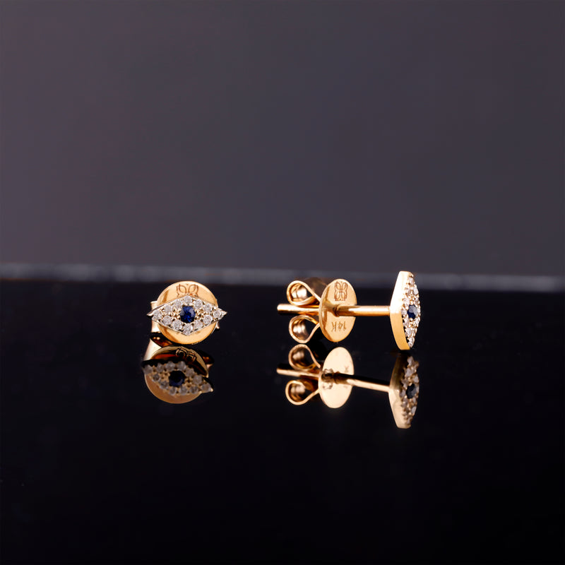 Pair of Diamond paved earring studs with single blue Sapphire in Evil Eye shape