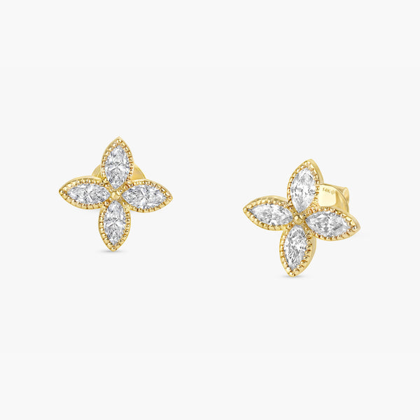 handmade pair of solid gold marquise diamond clover studs