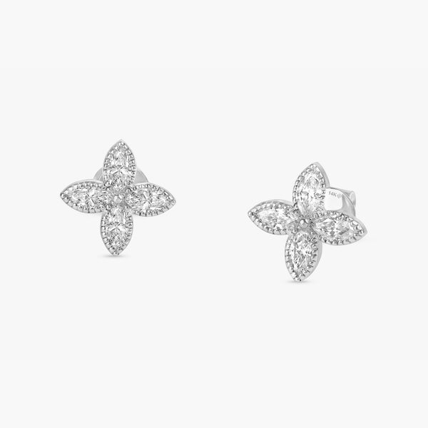 handcrafted pair of solid White Gold Diamond Marquise Clover Earring studs