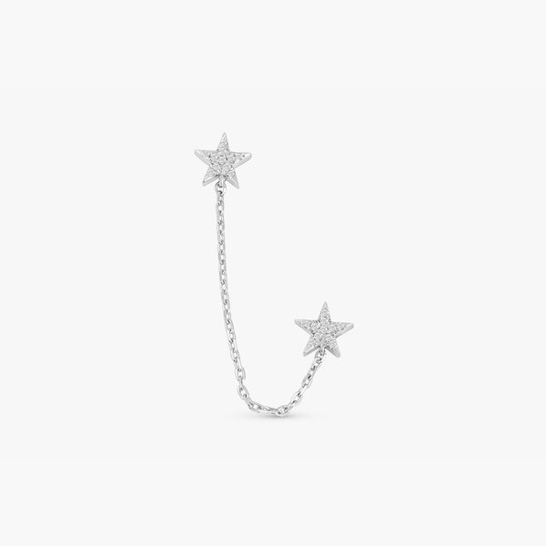 handcrafted pair of star stud earrings with chain in solid white gold