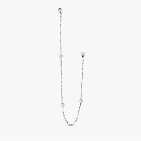 handcrafted multiple bezel hanging diamond chain ear studs in solid 14k white gold