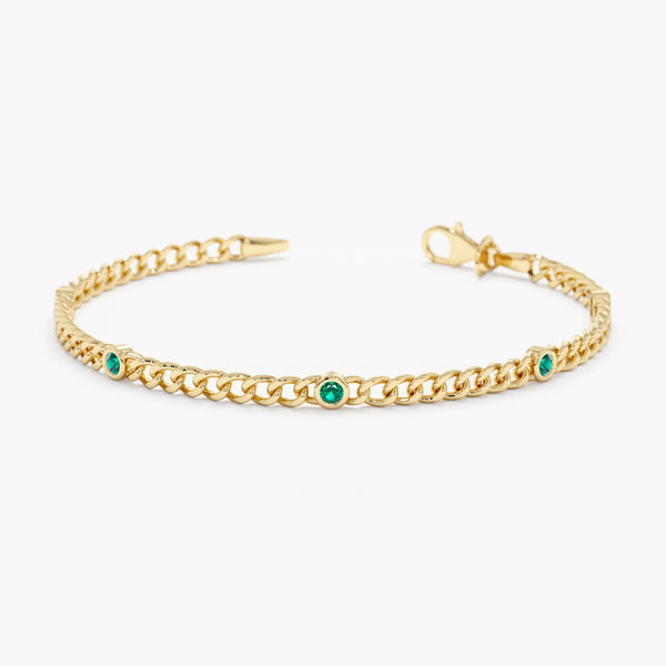 Solid Gold Emerald station cuban chain Bracelet