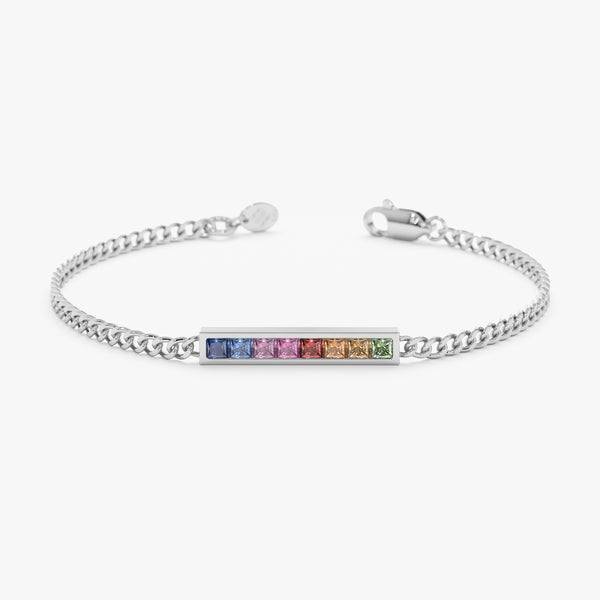 White Gold Rainbow Sapphire Cuban Chain Bracelet
