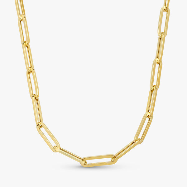 Solid gold thick paperclip chain necklace on a white background.