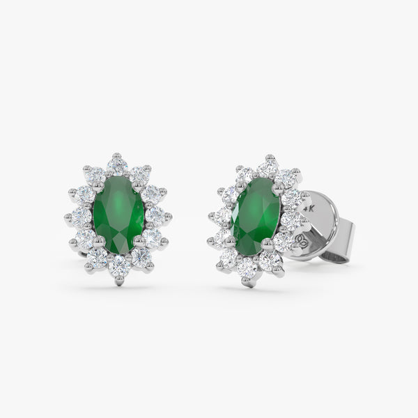 handmade solid White Gold oval Emerald Diamond stud Earrings