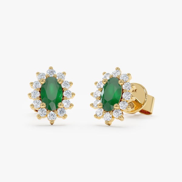 handmade solid 14k gold oval cut emerald stud earrings with lined diamonds