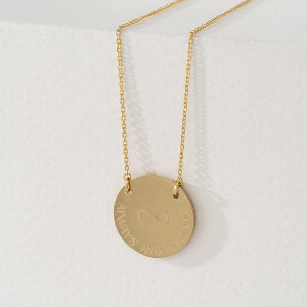 solid Yellow gold engravable Brushed Disc Necklace