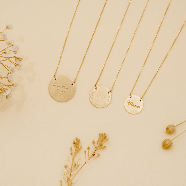 solid Gold engravable Disc Necklace Sizes for her