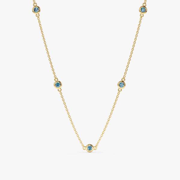 solid Yellow Gold Blue Topaz Station Necklace