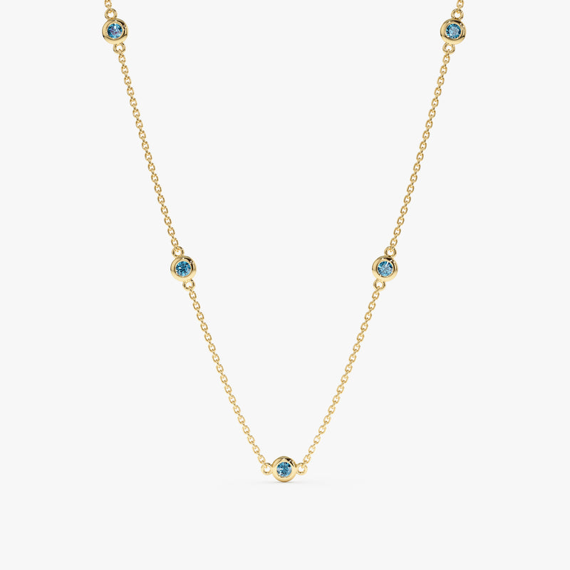 solid Yellow Gold Blue Topaz Station Necklace