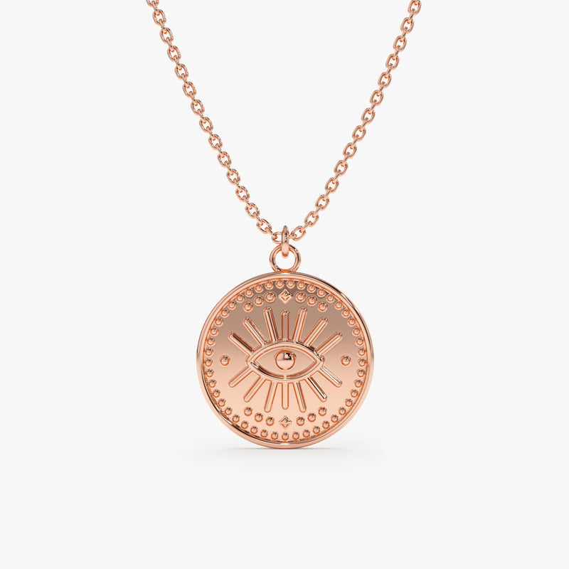 14k solid Rose Gold Evil Eye Disc Necklace