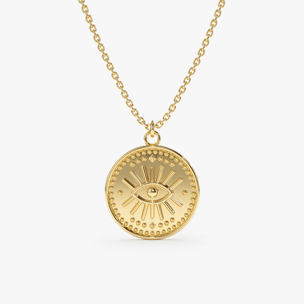 14k Solid Gold Evil Eye Disc Necklace