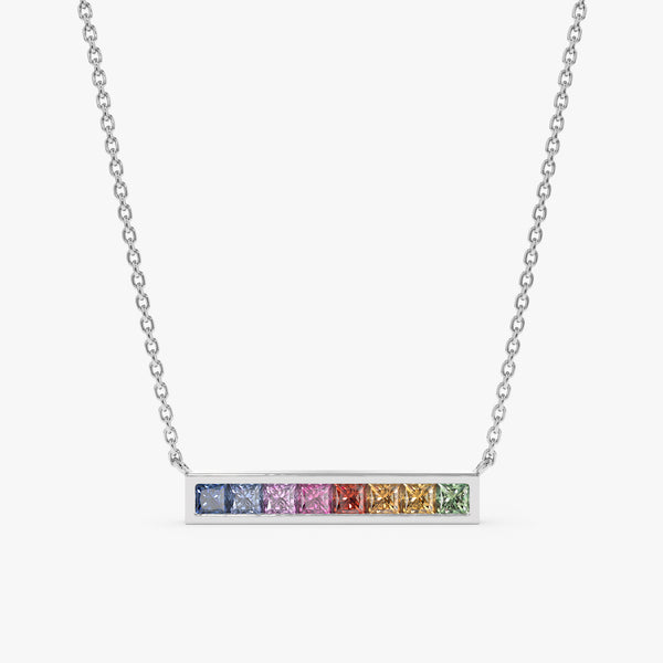 14k White Gold Sapphire Rainbow bar pendant  Necklace