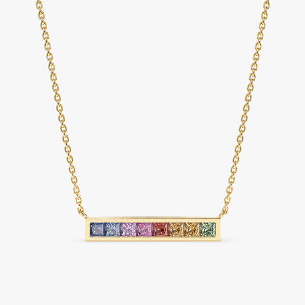 solid Yellow Gold Sapphire Rainbow bar Necklace
